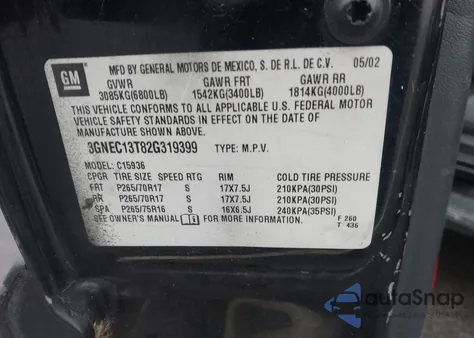 2002 Chevrolet Avalanche 1500 z USA, uszkodzony, nr VIN 3GNEC13T82G319399